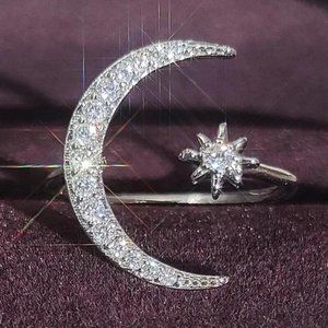 NEW MOON STAR 925 STERLING SILVER DIAMOND ADJUSTABLE  RING